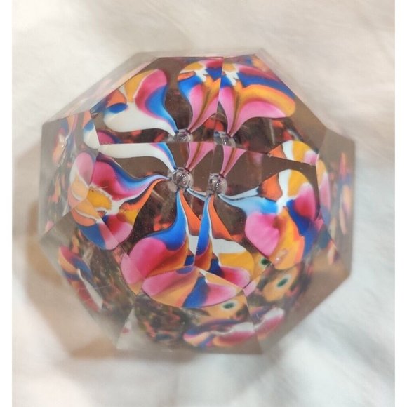 Antique Bohemian Facet Cut Art Glass With Decorative Flowers Paperweight READ - Picture 2 of 10